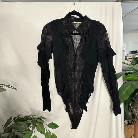 Skivvies for Love & Lemons Eva Lace Ruffle Thong Bodysuit Black Size Medium - Picture 11 of 11